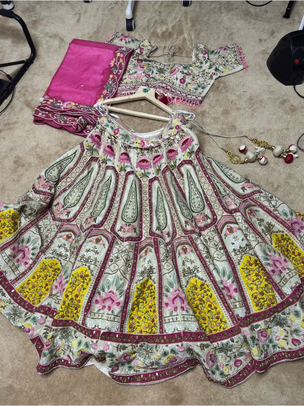 Bridal Floral Printed Lehenga Choli Set in Pink, Yellow & Cream
